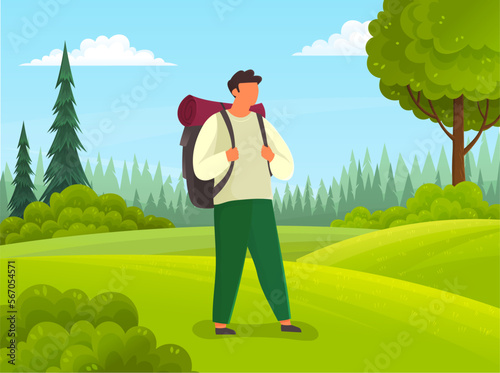 Tourist traveler with backpack walks on green meadow, hiking alone in summer weekend. Adventure and journey. Active lifestyle male character backpacker in vacation walking in nature happy leisure time