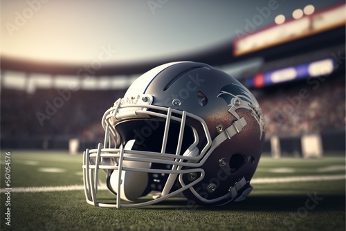 Closeup american football helmet in the ground, stadium and crowd in the background