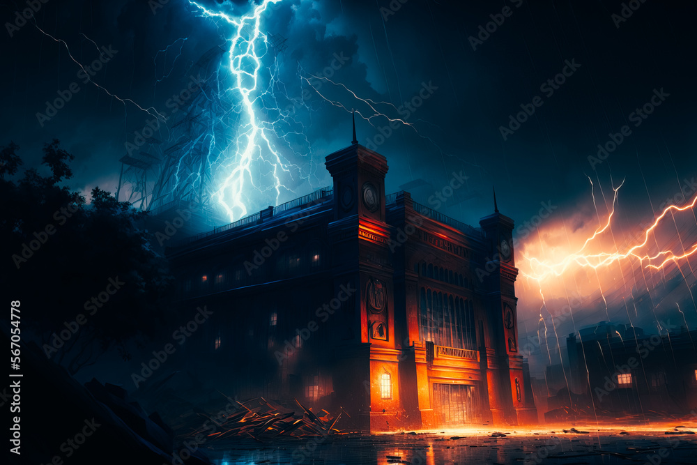 A flash of lightning illuminates a building in the distance, revealing its architecture