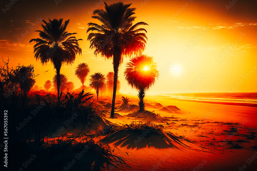 Obraz premium A palm tree-lined beach with a golden sunrise