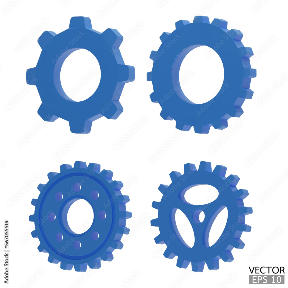 4 blue Gear icon set. Blue Transmission cogwheels and gears are isolated on white background. Blue Machine gear, setting symbol, Repair, and optimize workflow concept. 3d vector illustration. 4 blue Gear icon set. Blue Transmission cogwheels and gears are isolated on white background. Blue Machine gear, setting symbol, Repair, and optimize workflow concept. 3d vector illustration.