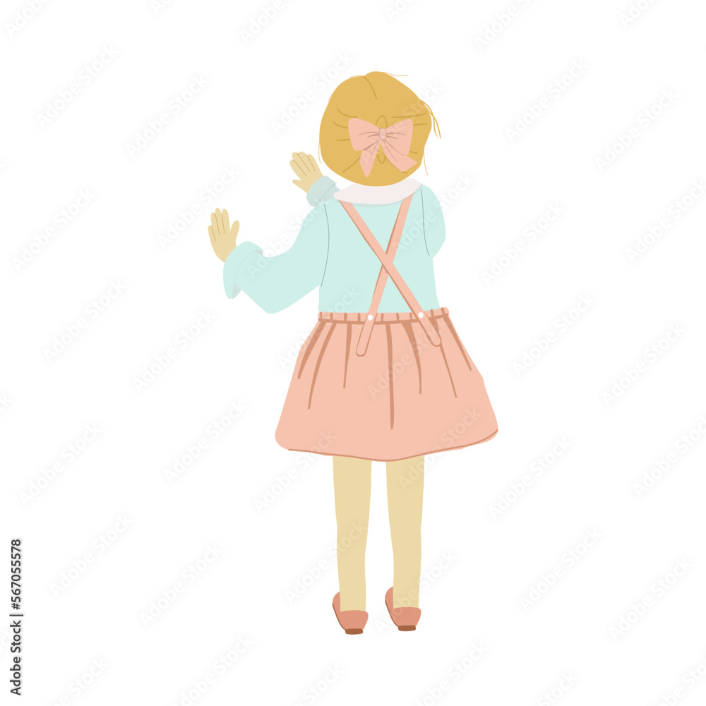 A girl in a pink sundress with a bow stands with her back, vector illustration on white background