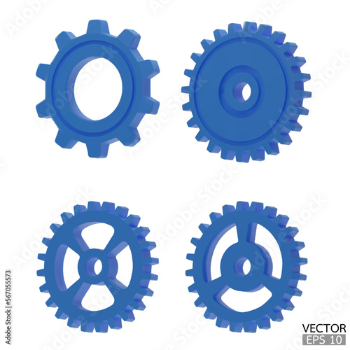 4 blue Gear icon set. Blue Transmission cogwheels and gears are isolated on white background. Blue Machine gear, setting symbol, Repair, and optimize workflow concept. 3d vector illustration.
