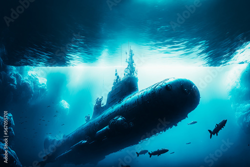 A submarine boat is seen in the deep blue ocean © v.senkiv