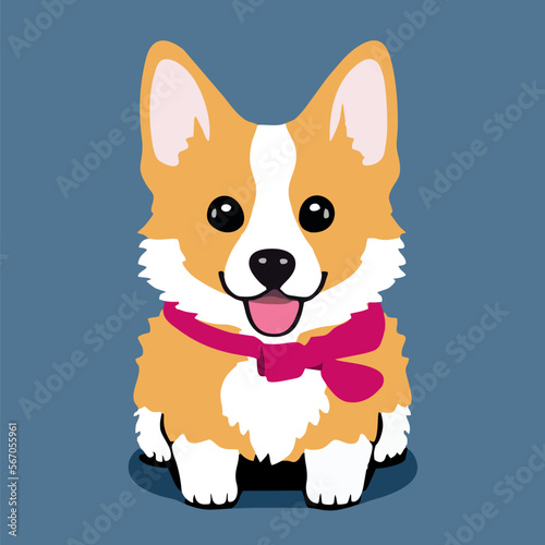 Kawaii cartoon portrait of cute funny corgi dog puppy sitting on floor and looking at camera isolated on blue background. Flat vector graphic illustration.