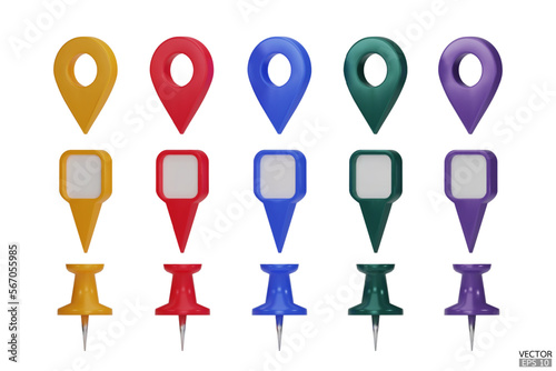 Set of map pointers in various colors isolated on white backgrounds.  Location pin or navigation front view. 3D Locator mark of map pointer  symbol  and position. 3D vector illustration.
