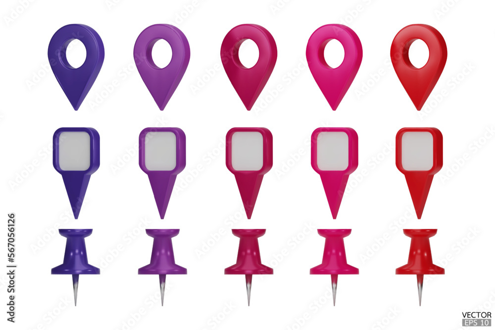 Set of map pointers in various colors isolated on white backgrounds. Location pin or navigation front view. 3D Locator mark of map pointer, symbol, and position. 3D vector illustration. Set of map pointers in various colors isolated on white backgrounds. Location pin or navigation front view. 3D Locator mark of map pointer, symbol, and position. 3D vector illustration.