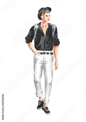 Young man, tourist in the city. Hand drawn watercolor illustration,  isolated on white background © dariaustiugova