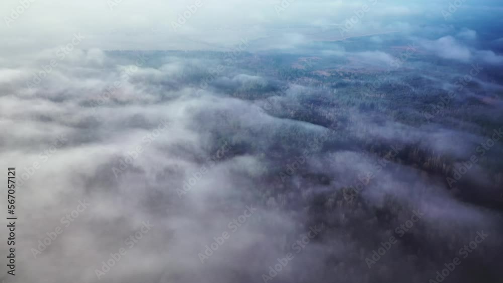 Fog over the field. Autumn. Higher than clouds. Aerial. Ukraine. 