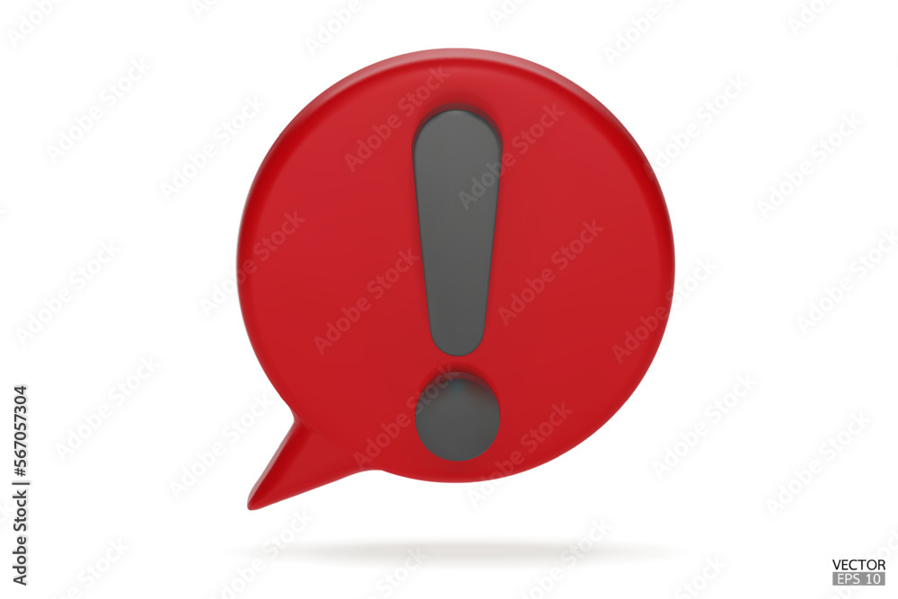 3d Realistic red round warning sign on white background. Hazard warning attention sign. Speech bubble with an exclamation mark. Comment icon. Danger, Alert, Dangerous icon. 3D Vector illustration. 3d Realistic red round warning sign on white background. Hazard warning attention sign. Speech bubble with an exclamation mark. Comment icon. Danger, Alert, Dangerous icon. 3D Vector illustration.