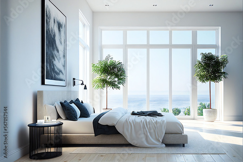 Illustration of modern bedroom with big french windows, created with Generative AI technology.