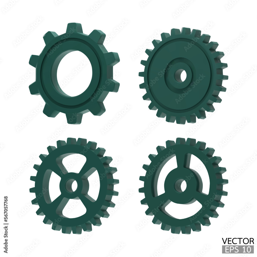 4 green Gear icon set. Golden Transmission cogwheels and gears are isolated on white background. Yellow Machine gear, setting symbol, Repair, and optimize workflow concept. 3d vector illustration. 4 green Gear icon set. Golden Transmission cogwheels and gears are isolated on white background. Yellow Machine gear, setting symbol, Repair, and optimize workflow concept. 3d vector illustration.