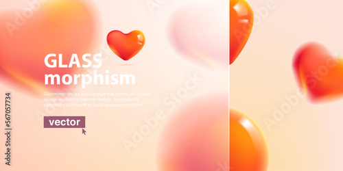 Romantic background with blurred floating red hearts and matte frame for text in glassmorphism style.