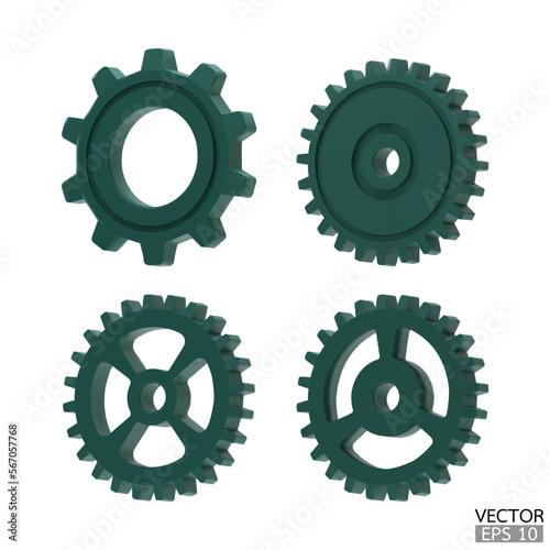 4 green Gear icon set. Golden Transmission cogwheels and gears are isolated on white background. Yellow Machine gear, setting symbol, Repair, and optimize workflow concept. 3d vector illustration.