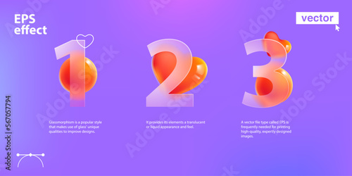 Chart infographics with 3 step in glassmorphism style. Matte glass screen with blurred floating red hearts and spheres.