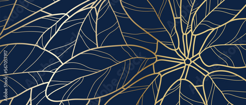 Luxury line art nature background vector design. Gold and blue color pattern design for wallpaper, fabric and packaging.