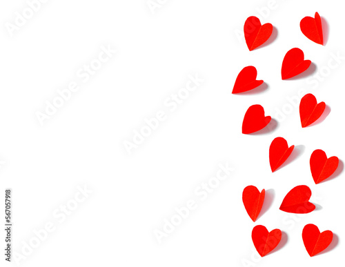 Valentines Day background. Red paper hearts with original shadow