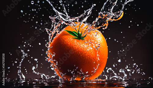 Captivating still-life of water-splashed oragne fruit captures the beauty of slow-motion photography. Generative AI
