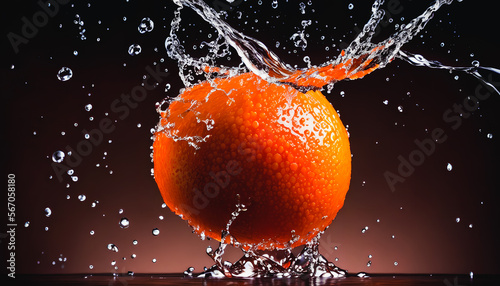 Captivating still-life of water-splashed oragne fruit captures the beauty of slow-motion photography. Generative AI
