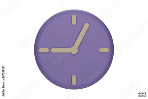 Pastel purple watch isolated on white background. 3D Round clock icon. Cartoon minimal style.Time-keeping, measurement of time, and time management. Clock icon logo, app UI. 3D Vector illustration.