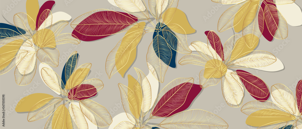 Luxury line art nature background vector design. Gold, blue and purple color pattern design for wallpaper, fabric and packaging.