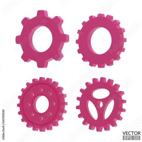 4 pink Gear icon set. Golden Transmission cogwheels and gears are isolated on white background. Pink Machine gear, setting symbol, Repair, and optimize workflow concept. 3d vector illustration.