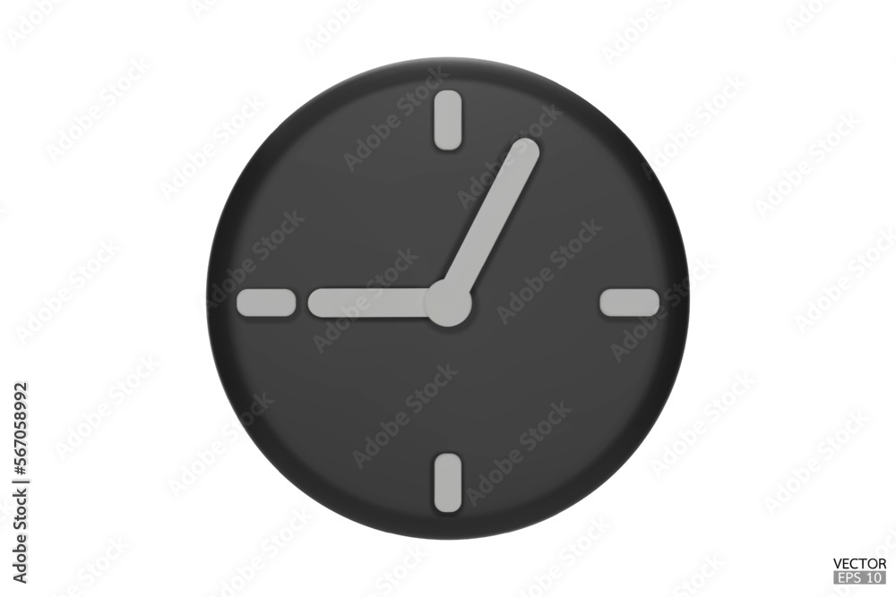 Black watch isolated on white background. 3D Round clock icon. Cartoon minimal style.Time-keeping, measurement of time, and time management. Clock icon logo, app UI. 3D Vector illustration. Black watch isolated on white background. 3D Round clock icon. Cartoon minimal style.Time-keeping, measurement of time, and time management. Clock icon logo, app UI. 3D Vector illustration.