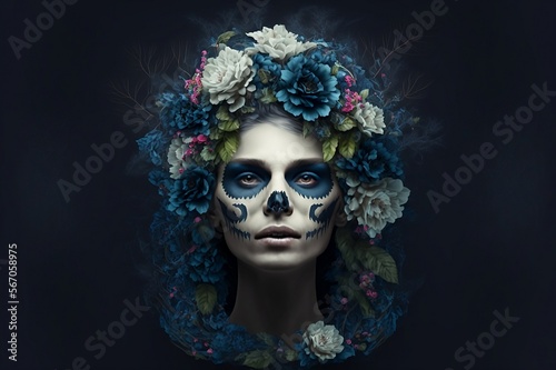 Portrait of a beautiful woman, some parts of the face a skeleton skull