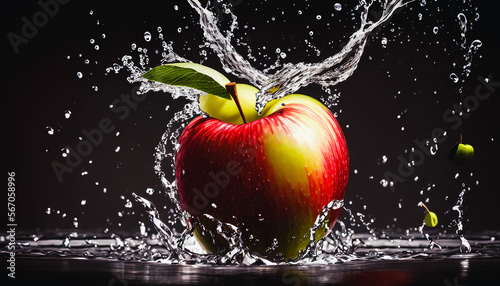 Captivating still-life of water-splashed apple captures the beauty of slow-motion photography. Generative AI