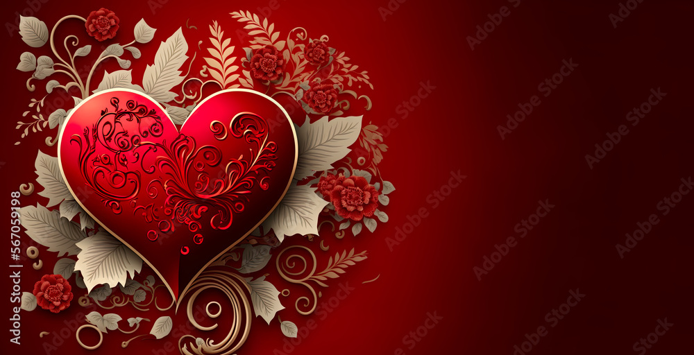 Intricate red heart on a romantic red gradient background. Love and passion with a luxury copy space. Generative AI.