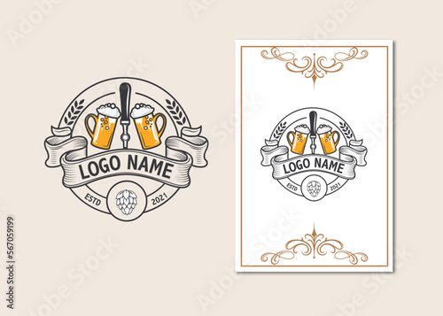 Craft Beer glass and malt Brewery label logo design vector in trendy modern cartoon line style illustration. Liquor logo for pub and bar club