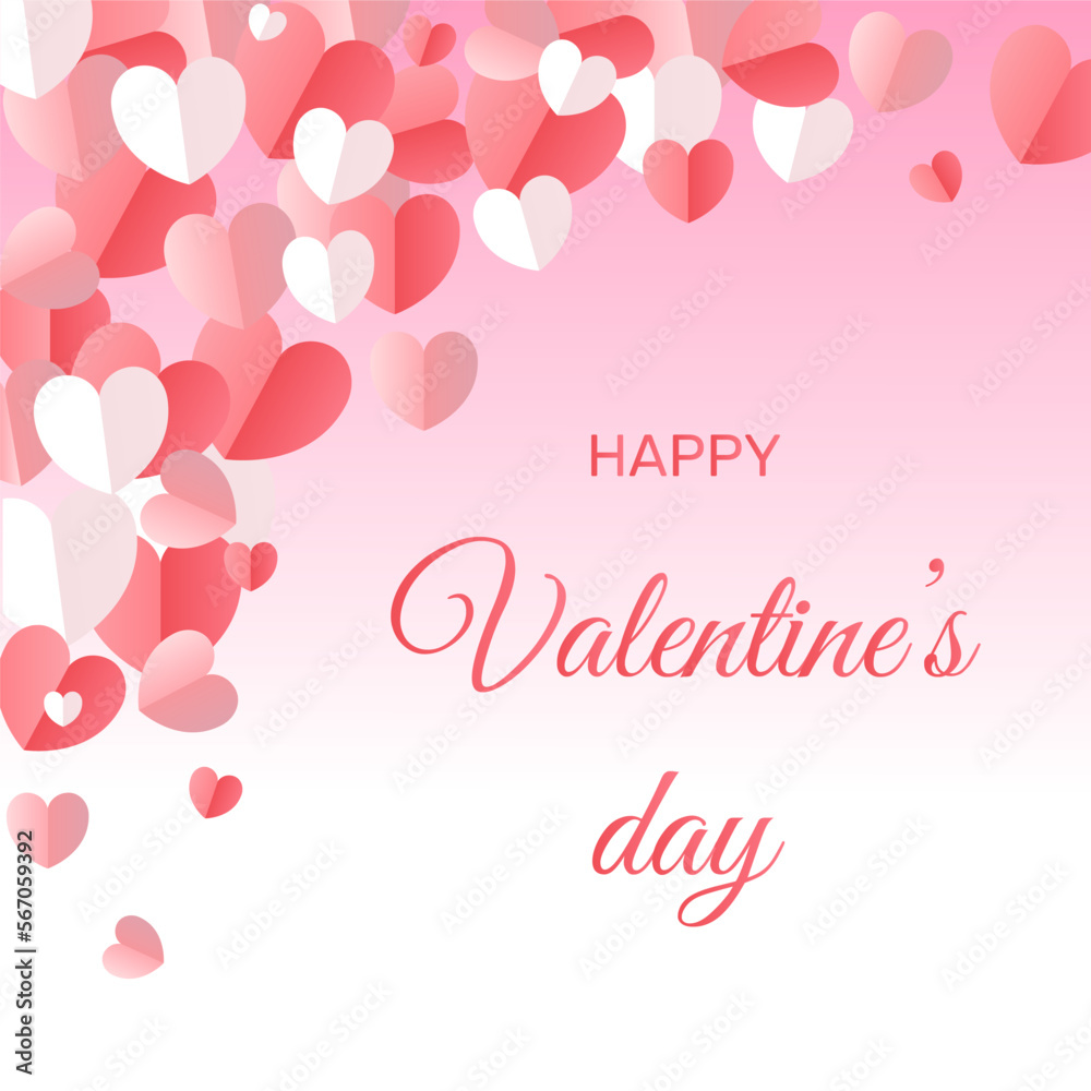 3d paper hearts. Happy Valentine's Day banner. Valentine's of paper craft design, contain pink hearts. Love is in the air. Vector illustration isolated on pink-white background