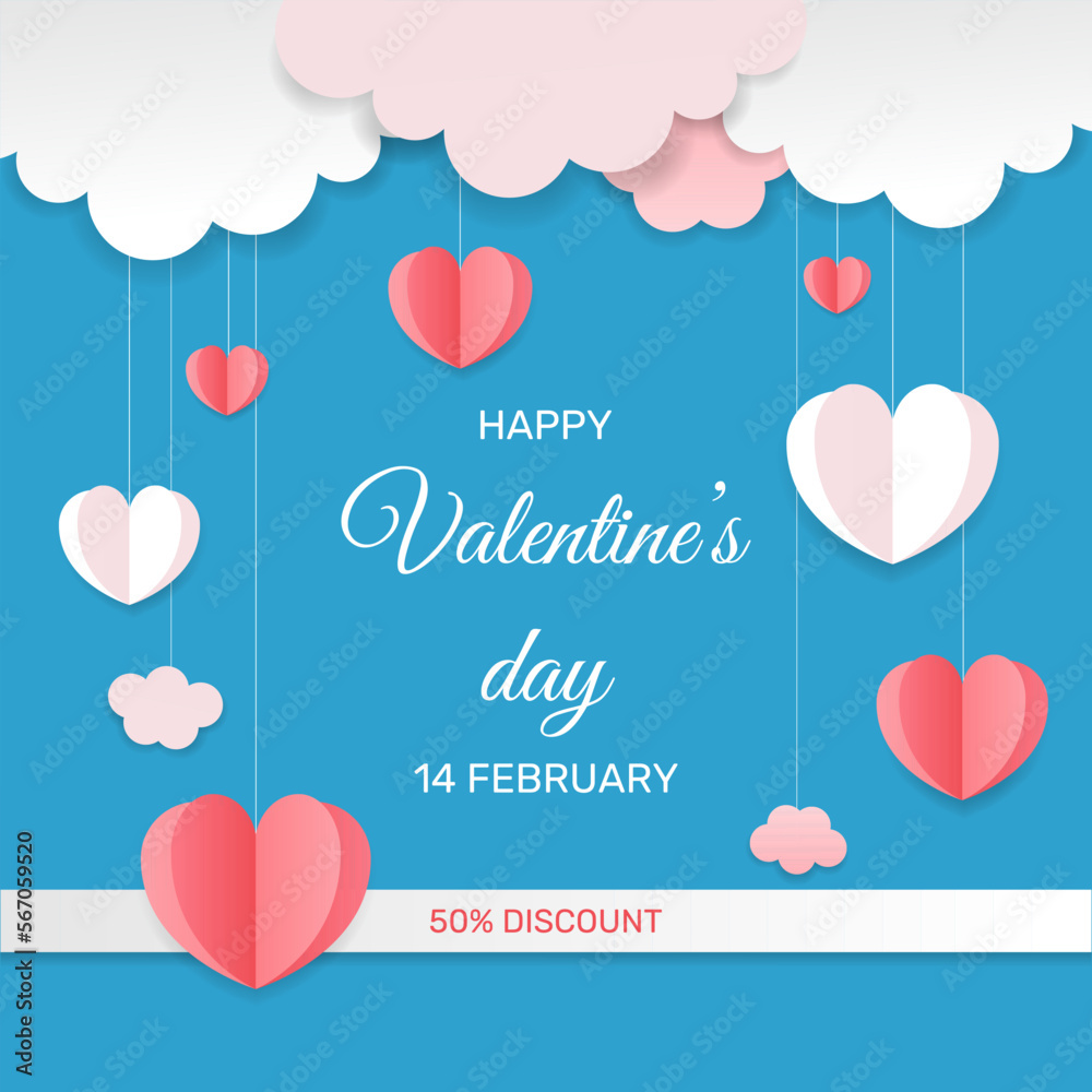 Paper hearts between the clouds. Happy Valentine's Day banner. 50% discount. Paper craft design, contain pink hearts and clouds. Love is in the air. Vector illustration isolated on blue background
