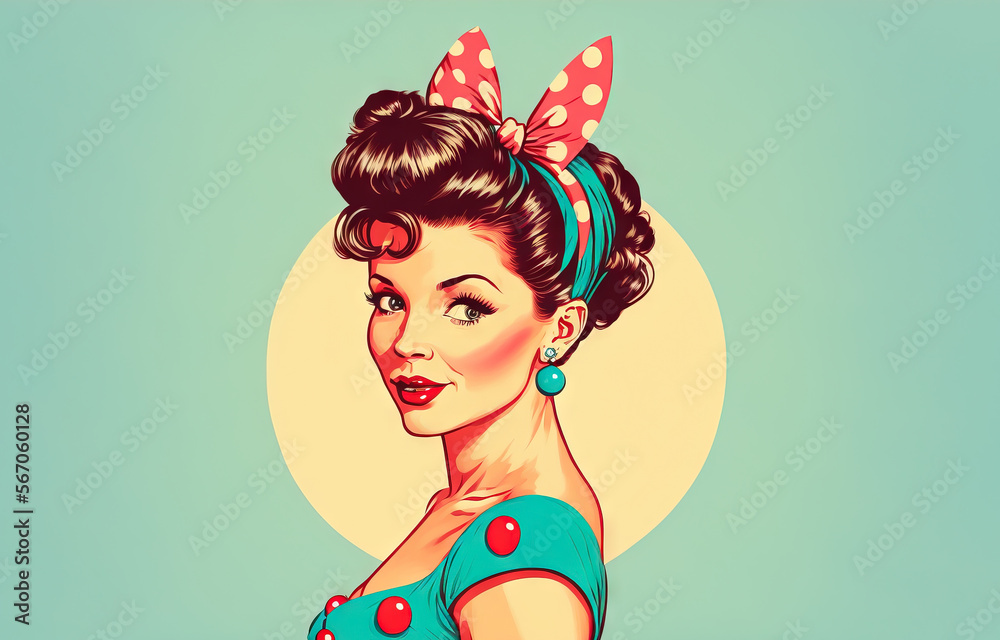 Pretty vintage pin up drawing of a model girl from the 1960's. Clip art  classic sticker image created with generative ai Stock Illustration