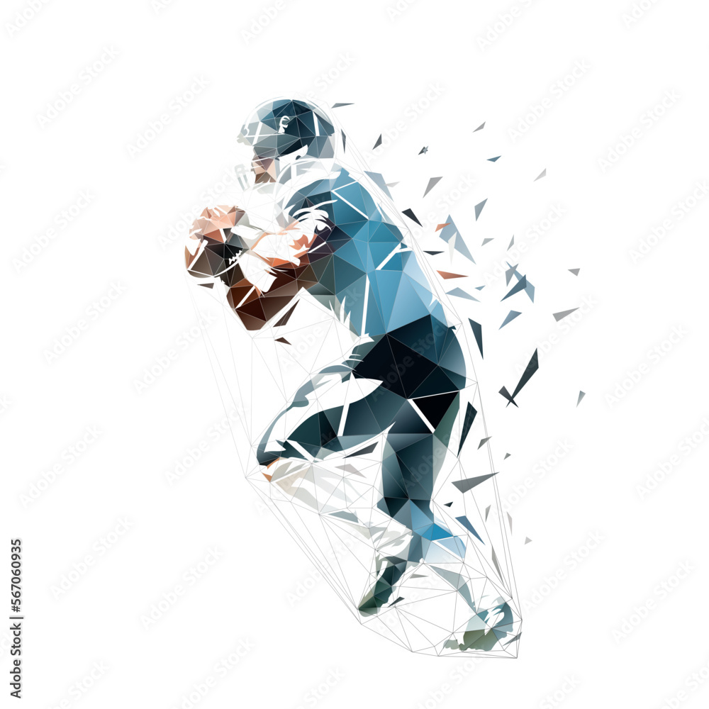 Obraz premium Football player, abstract low polygonal isolated vector illustration. American football logo. Side view. Geometric drawing from triangles