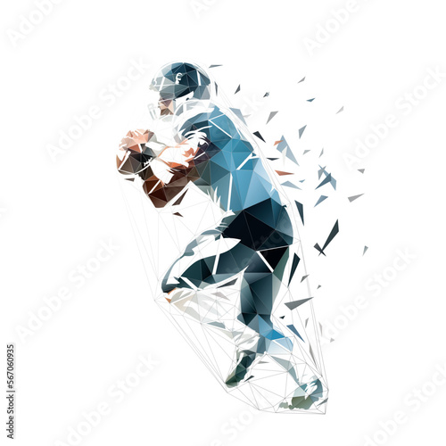 Football player, abstract low polygonal isolated vector illustration. American football logo. Side view. Geometric drawing from triangles