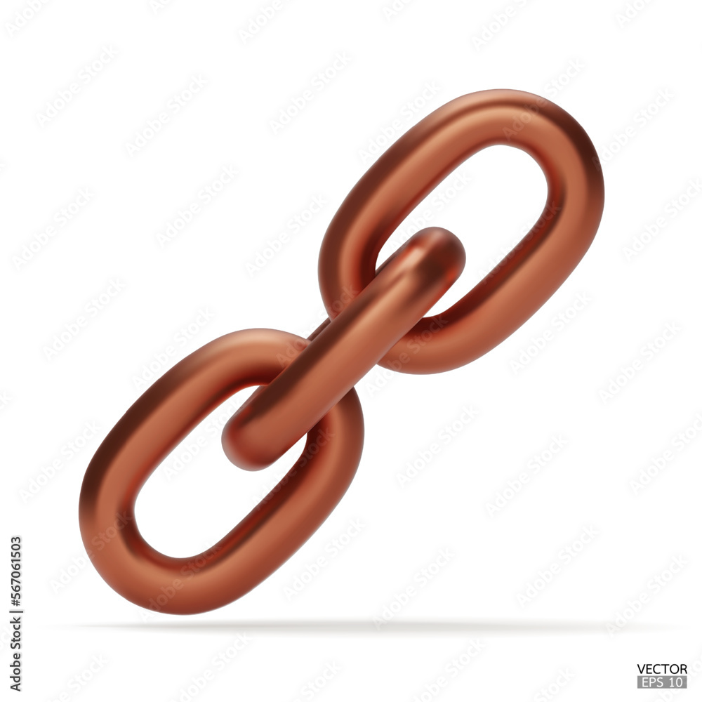 Obraz premium 3d Realistic copper Chain or link Icon isolated on white background. Two chain links icon, Attach, Lock symbol. Blockchain link sign. 3D vector illustration