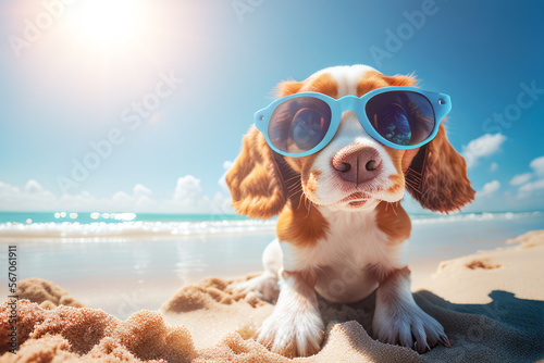 Chien à la plage. Vacances été. Chiot assis sur une plage de sable blanc. Generative AI  © Beboy