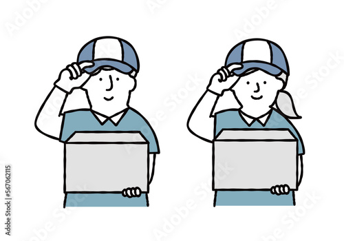 ダンボールを持つ引越し業社男女の作業員のイラストセット　ブルー