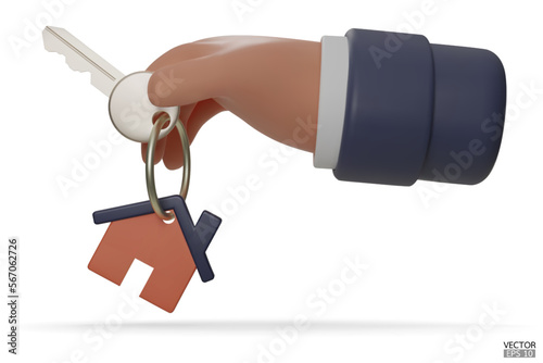 3d cartoon hand holding the house keys mortgage loan. The hand holds the keys with the blue house keychain. Real estate agents give keys. Rent housing banner template. 3D vector illustration.