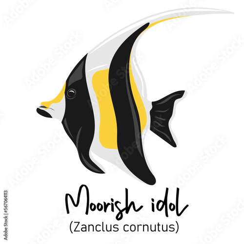 Moorish idol or Zanclus cornutus. Marine dweller with colorful body and fins for swimming. Concept of sea and ocean life. Vector illustration