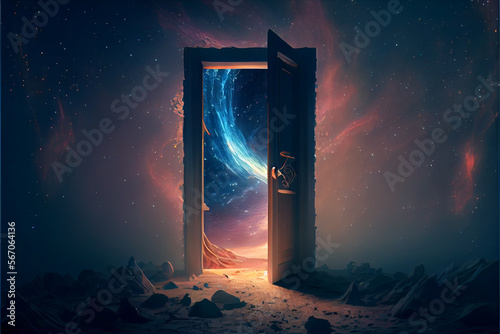 Door to another universe mystery portal. Life after death concept. High quality Ai generated illustration. 