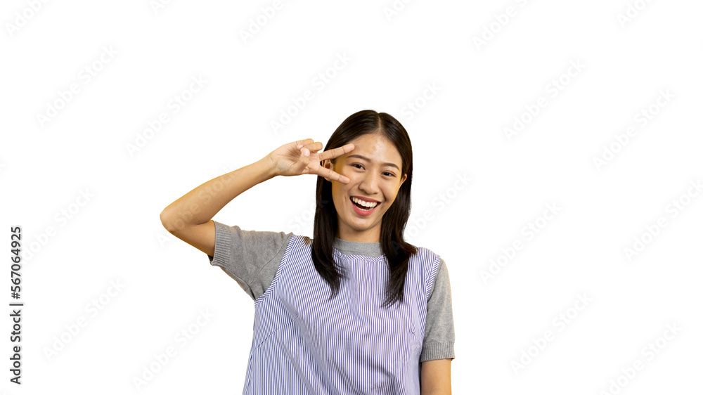Young Asian woman making two thumbs up gesture showing joy and fun, Symbol of good friendship, Popular photo poses, Make a v-shaped finger, PNG file. Young Asian woman making two thumbs up gesture showing joy and fun, Symbol of good friendship, Popular photo poses, Make a v-shaped finger, PNG file.