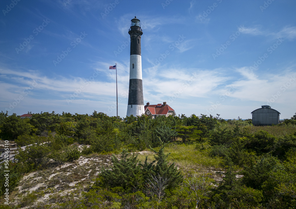 Drpne view of the Fire Island Lighthouse on Long Island