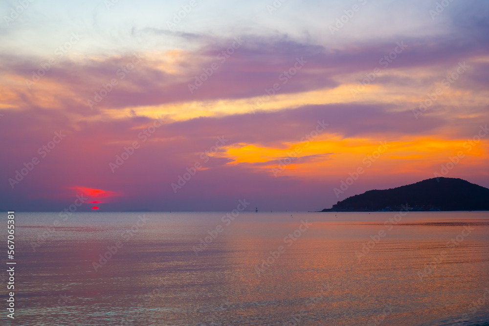 Beautiful lilac sunset over the sea. Sea sky landscape