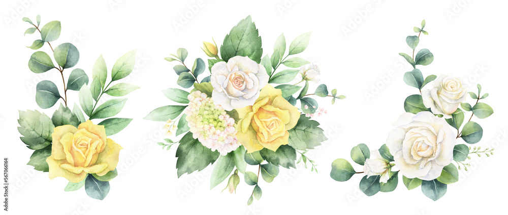 Watercolor floral set of bouquets of eucalyptus and roses. Greenery flower for wedding invitation, digital projects, scrapbooking, textiles, stationery, .design. Isolated on white background.