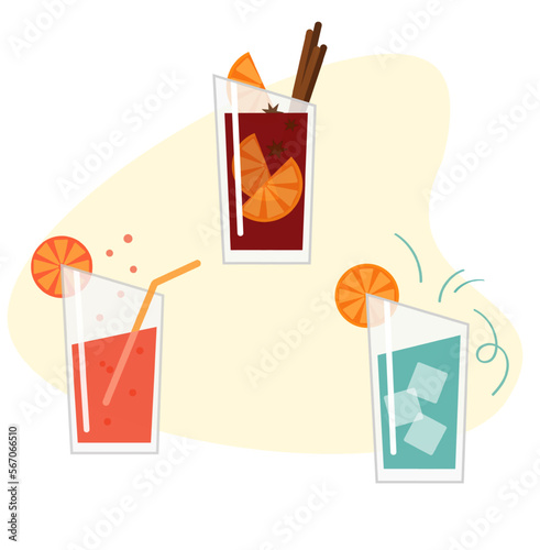 Festive set of drinks. Wine, cocktail, mulled wine. Alcoholic tropical drinks in transparent glasses. Vector trendy color clip art for bar menu design.