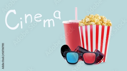 Popcorn box, disposable cup for beverages with straw, film strip. Cimena background photo