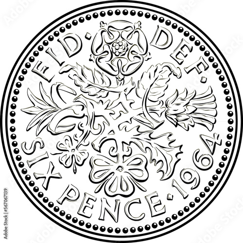 British sixpence money coin, reverse with floral design. Black and white