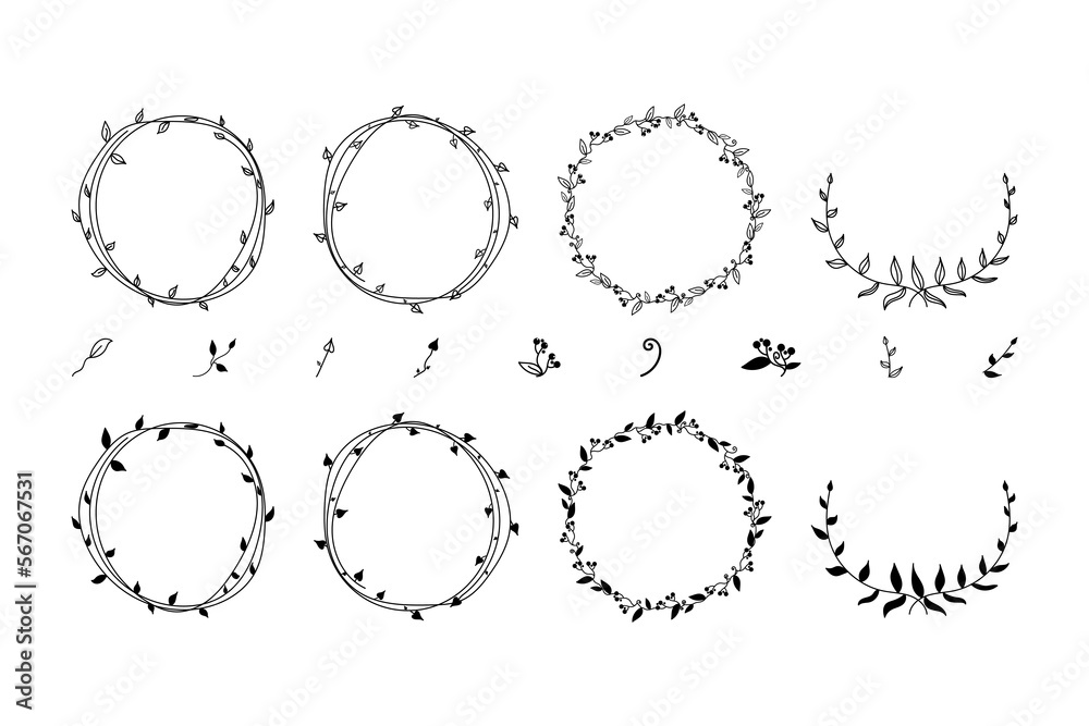 Line drawn wreath vector illustration. Hand drawing collection. Botanical circle frame. Wedding invitation.